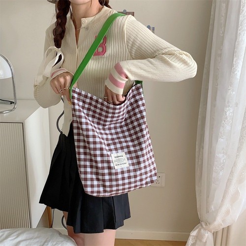 Plaid Pattern Canvas Bag Large Capacity Canvas Shopping Bag Casual Outing