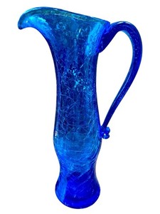 Blenko Blue Crackle Glass Hand Blown Pitcher w/ decorative handle 12 in Abstract