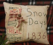 Primitive Snowman Feed Sack Snow Days Peg Hanger, Cupboard Tuck, Shelf Sitter