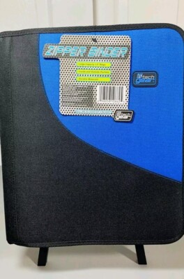 Tech Gear 3 Ring 1.5  Zipper Binder Blue/Black With Zippered Inside Pocket NWT