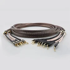 One Pair Braided Litz OFC Copper Speaker Cable Wire HiFi Bi-Wire Banana to Spade