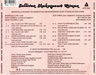 MAXINE SULLIVAN SULLIVAN SHAKESPEARE HYMAN NEW CD