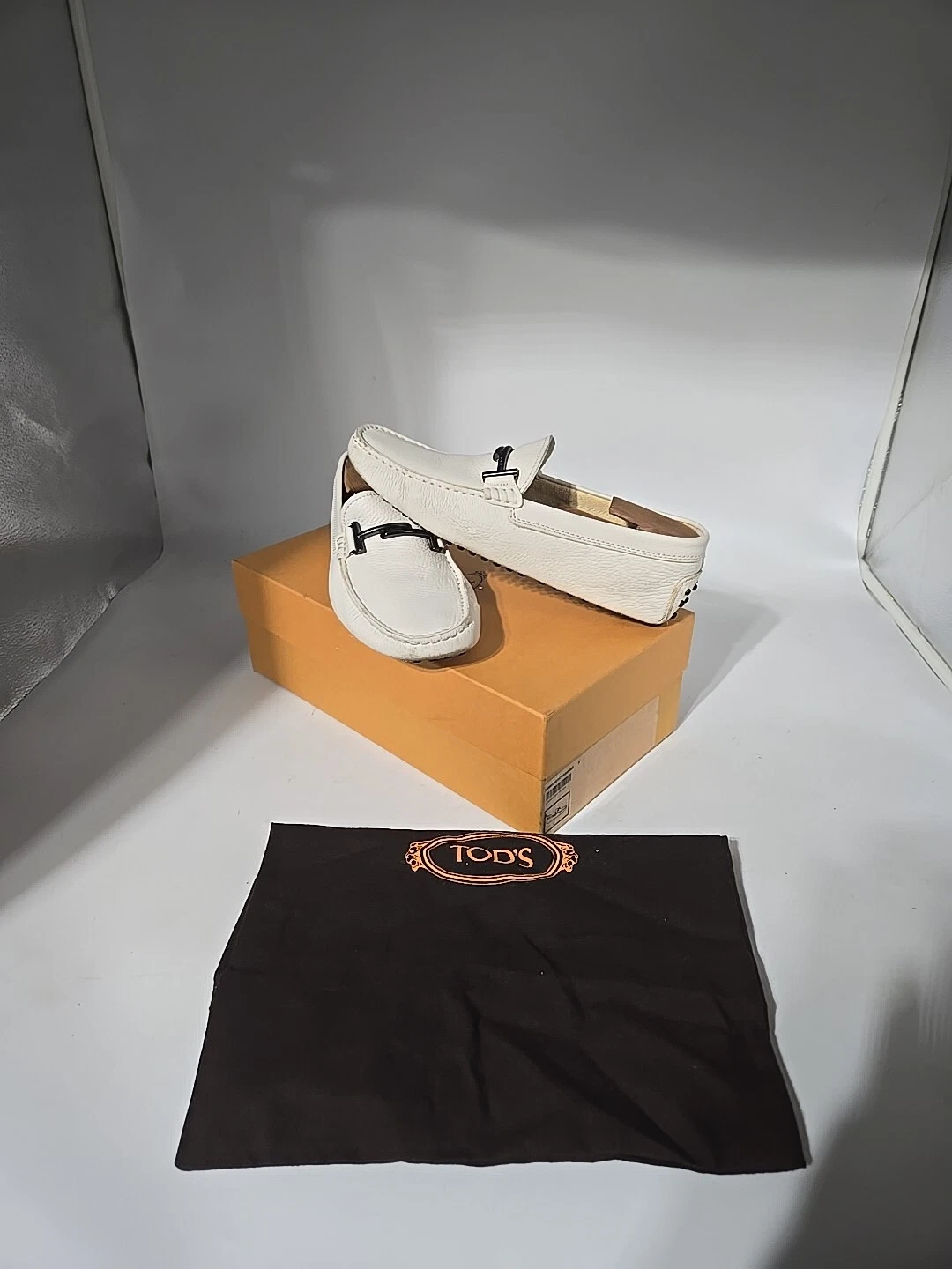 TOD’S Tods The Double T Scarpe da Guida Uomo in Pelle Bianca Taglia 7 US Box Bag Legno...