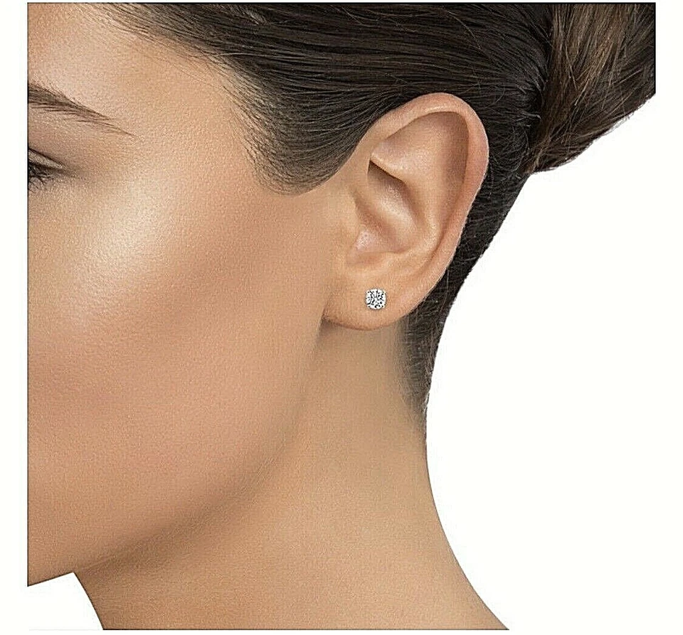 Aretes solitarios VVS1/D redondos creados en laboratorio de 1 quilate oro blanco de 14 k 6 mm empuje Bk Foto 3 de 4