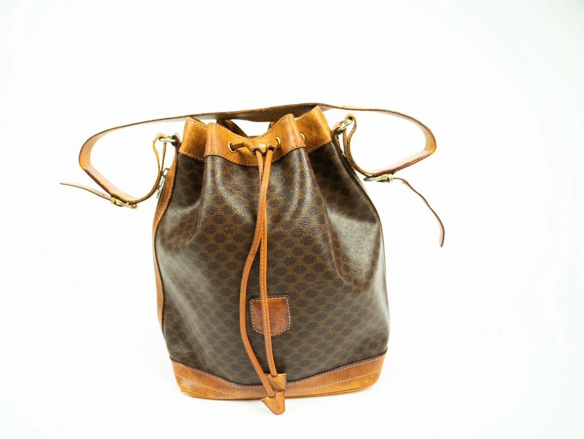 Celine Monogram Macadam Drawstring Bucket Hobo Bag Tote Crossbody Shoulder  Brown