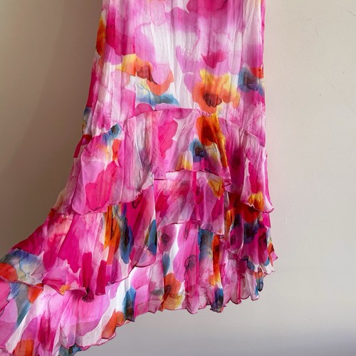 Pink Floral Dress Y2k Midi Ruffle Hem Drop Waist Watercolour Print Orange Boho - 第 16/17 張圖片