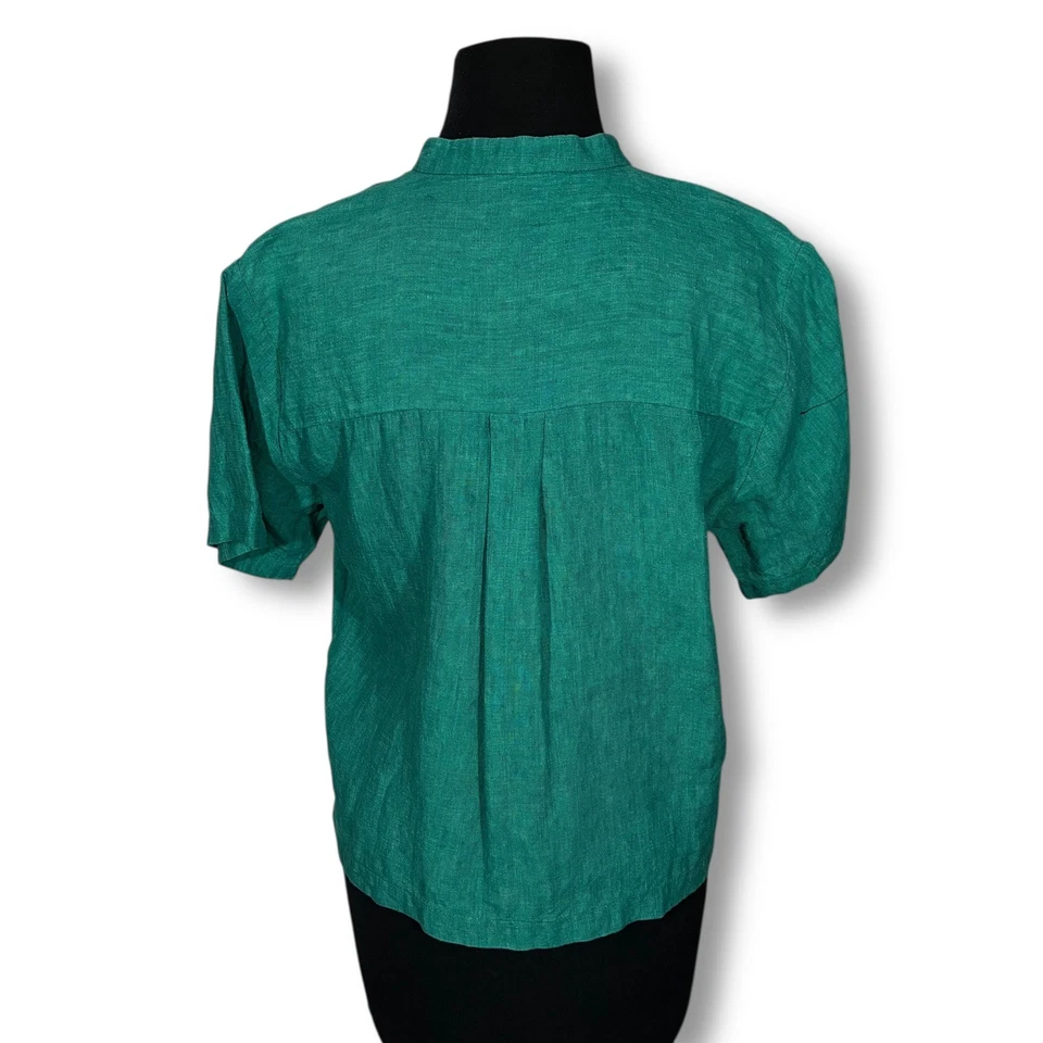 Eileen Fisher Organic Linen Band Collar Short Sleeve Button Up Blouse S Green - Image 2 of 4
