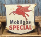 Vintage Mobilgas Porcelain Metal Shield Sign Mobil Gas Pegasus