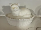 Vintage  Milk Glass Cat On Nest/Basket Candy Or Trinket Dish