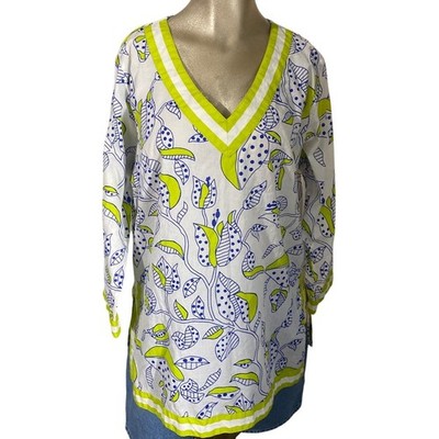 Gretchen Scott 100% Cotton Tunic Top Blue Abstract Floral Lime Green Trim Large