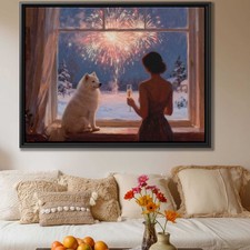 Oil Painting Dog Samoyed Canvas Print Cozy Living Room Decor Winter Artwork
