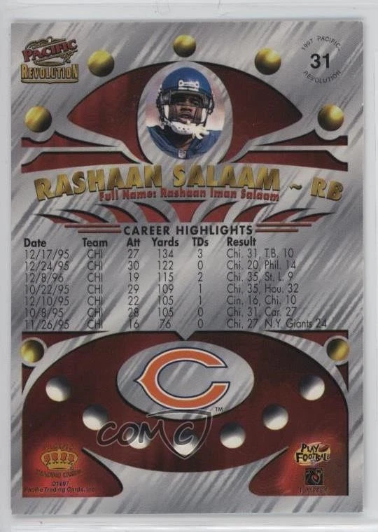 1997 Pacific Revolution Silver Rashaan Salaam #31 - Image 2 of 2