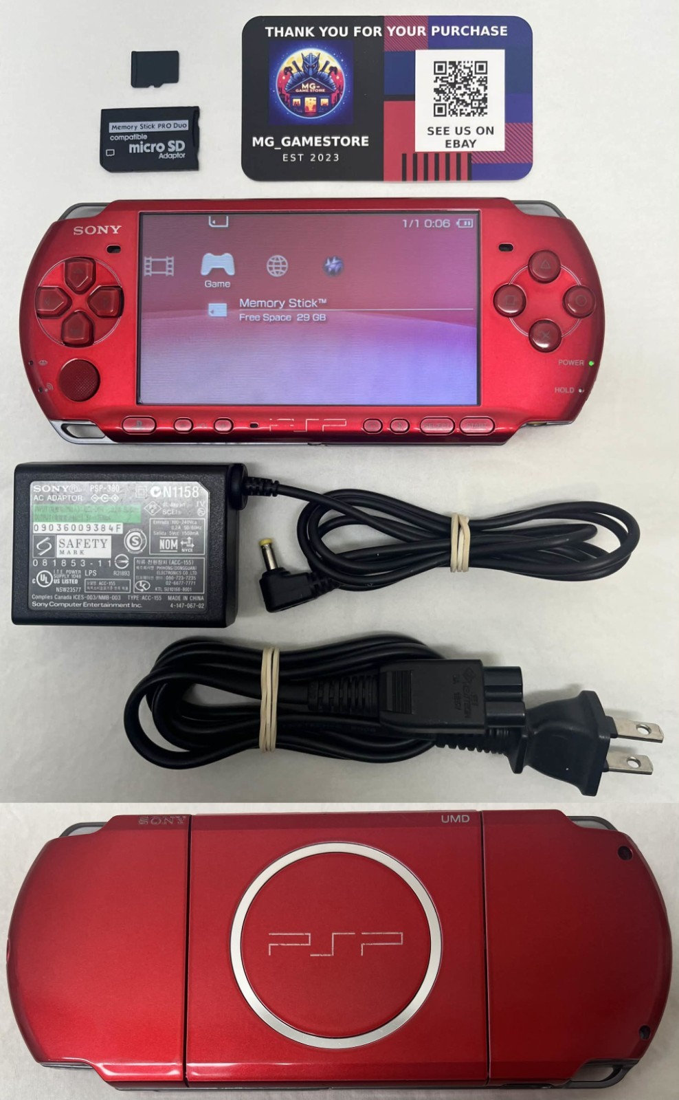 PSP 3000 Radiant Red / New Battery / Genuine Sony Charger / Region Free / 32 GB
