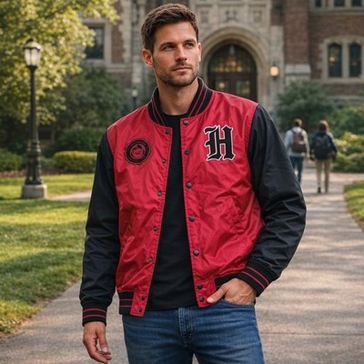 Hollister Men's Red/Black California Varsity Bomber Jacket Size Large