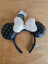 Tokyo Disney Resort Minnie Ear Leather Pearl Sequin Ribbon Headband  US SHIP