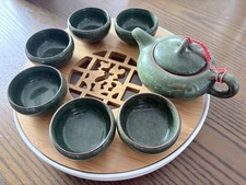 Chinese Kungfu Tea Set with Teapot, Cups, Bamboo&Ceramic Tray Green/Brown/White
