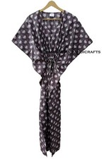 Black Indian Cotton Loose Short Sleeve Floral Print Free Size Boho Caftan Dress
