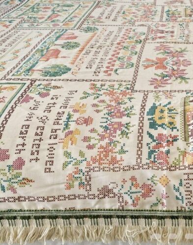 Vtg Sears Perma Prest Faux Embroidery Sampler Bedspread Fringe 92" X 110" - Picture 2 of 7