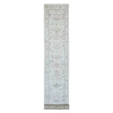 3'1"x22'4" White Angora Oushak Leaf Design Hand Knotted Wool Runner Rug R20408