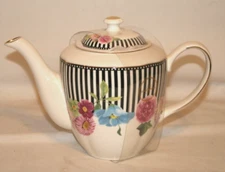 Grace Teaware Black Stripes with Pink & Blue Floral Porcelain Teapot New