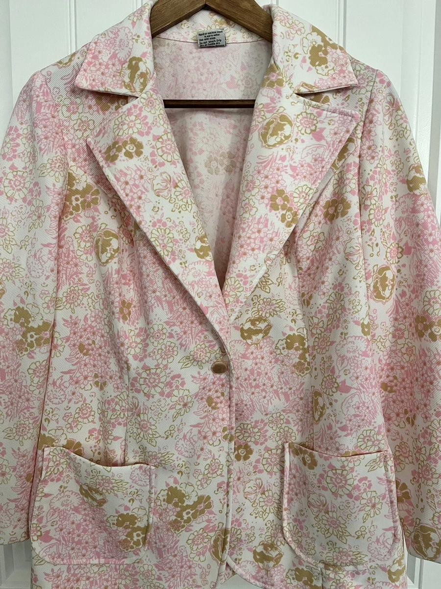 Vintage 60s 70s Disco Suit Jacket Medium Mod Hippy Pink Floral Blazer