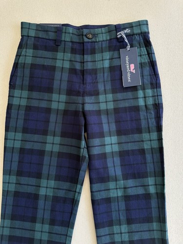 Vineyard Vines Breaker Pants Kids Size 12 Green Navy Black Watch Tartan Stretch - Picture 2 of 24