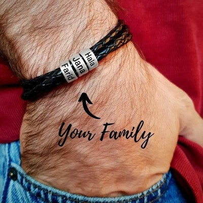 Men's Leather Bracelet Custom names Stainless steel Magnetic Family Kids Father | eBay