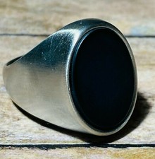 Men's Handmade Punk Black Onyx Oval Signet Stylish Biker Rings Silver Size 6-12