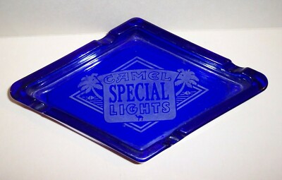 Camel SPECIAL LIGHTS Cigarettes Advertising Ashtray COBALT Blue Glass  etched