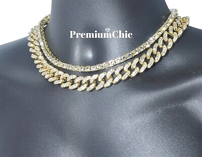 Miami Cuban Diamond Prong Choker Mens Hip Hop Plated Jewelry Details about   Tennis Chain