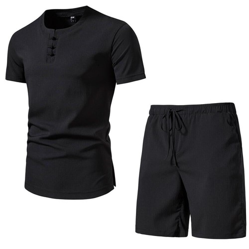 Men's Chinese Outfit Casual Short Sleeve Suit Style Solid Color Beach Shorts Set - Picture 6 of 22