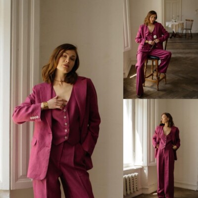 Linen Suits for Women Summer 3Pcs Casual Ladies Jacket Fashion Prom Party Outfit