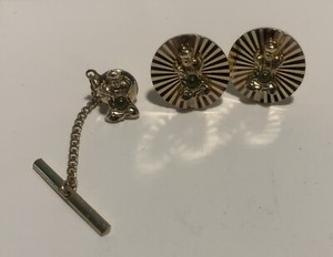 Authentic Vintage Buddha Signed Swank Faux Jade Gold Plated Cufflinks & Tie Tack Estate