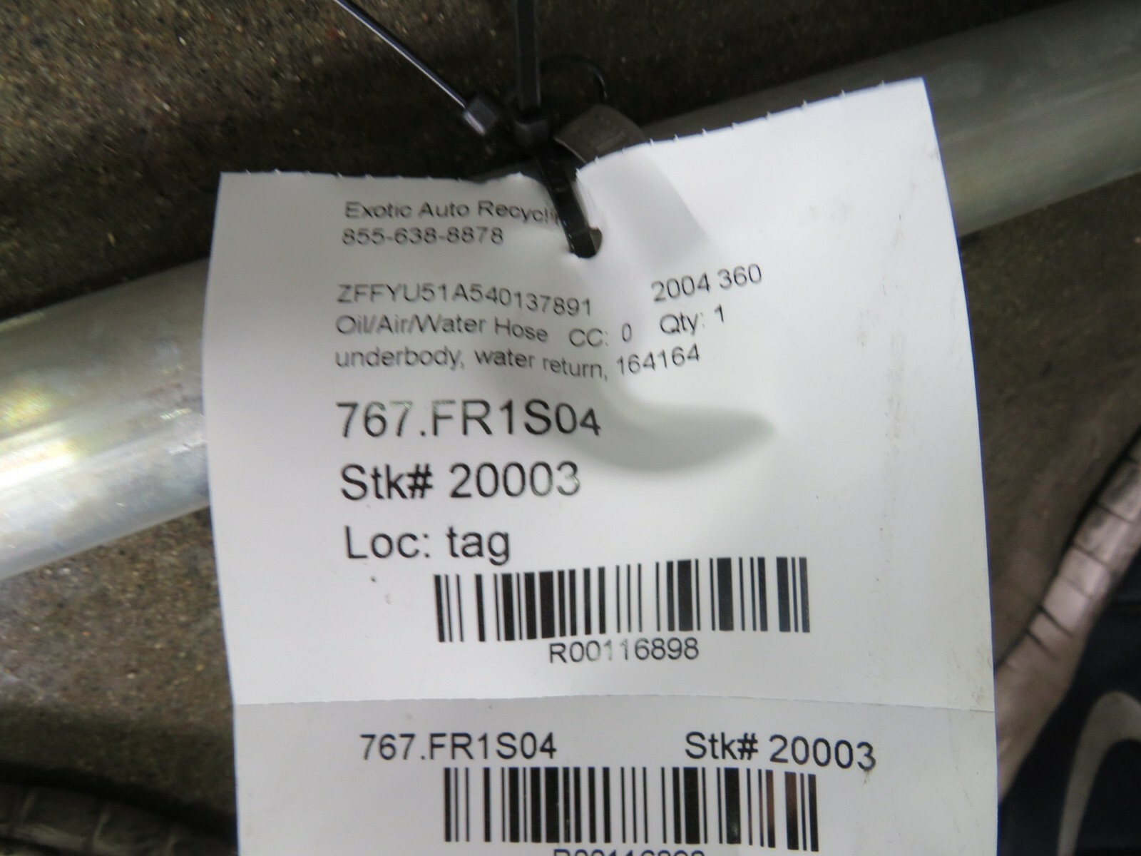 Ferrari 360, Water Return Line, Used, P/N 164164
