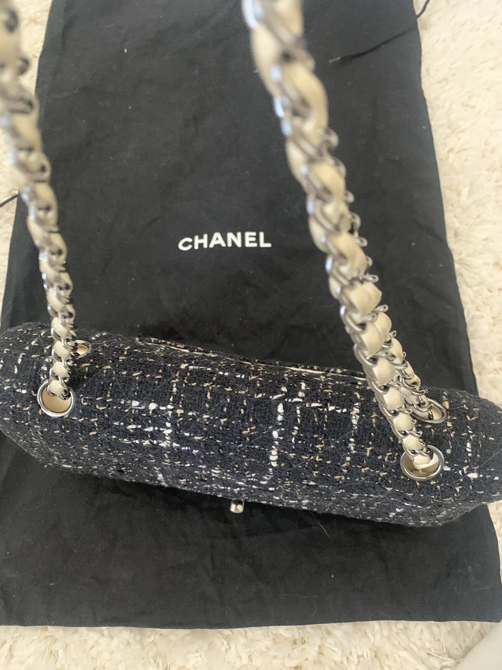 Chanel Classic Double Flap Black White Beige Chain Handles Tweed Bag - Image 4 of 4