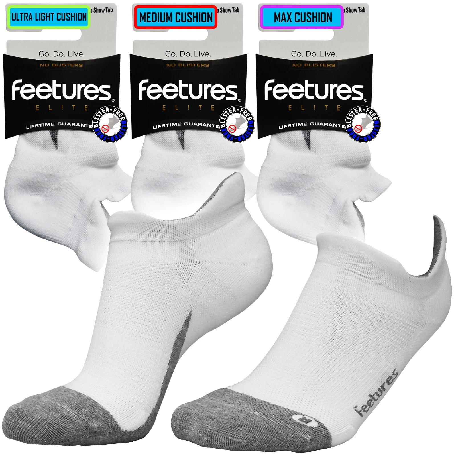 Feetures Elite NST Premium Sports Running Gym Blister Free Ankle Socks White