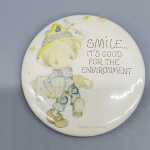 Vintage Button Pin "Smile It's Good For The Environment" Child Drawing