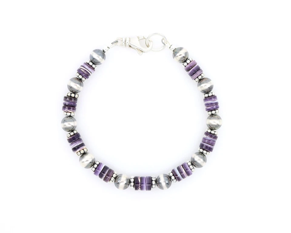 Purple Wampum Quahog Shell Bracelet, Native American-Inspired Jewelry, Sterling - Изображение 3 из 4