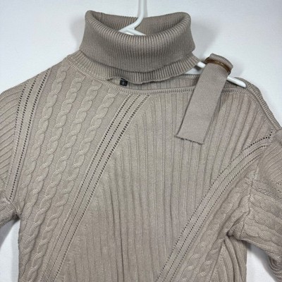 Turtleneck Knit Sweater Beige Asymmetrical Cable-Knit Cut Out Detail Sz Small