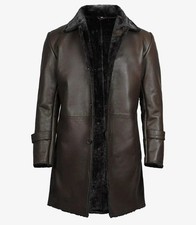 Mens Genuine Leather Winter Coat Dark Brown with Shearling Comfort - Long