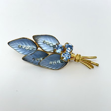 Vintage Blue Frosted Glass Brooch Leaves Rhinestones Gold Tone Mid Century