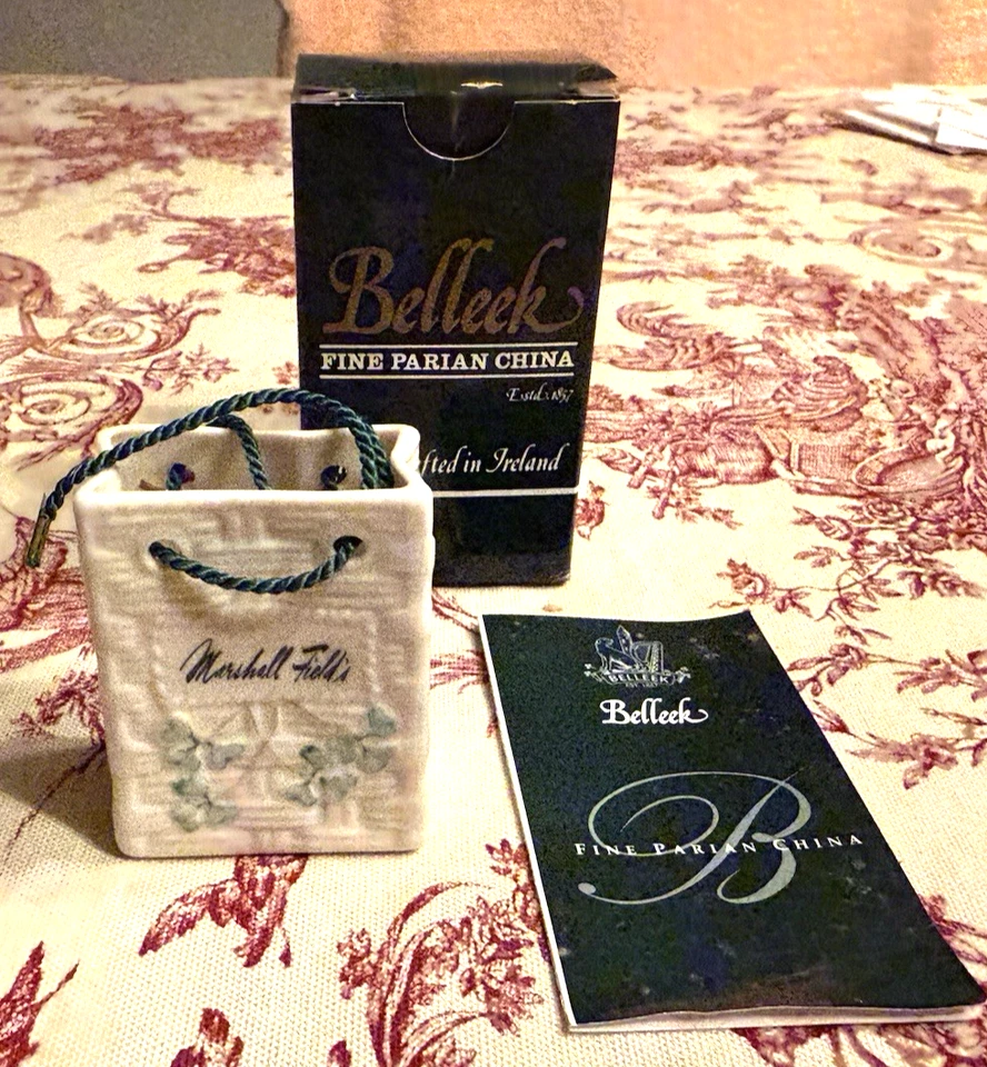 Marshall Field's Belleek Shamrock Basket Weave Shopping Bag Christmas Ornament - Image 4 of 4