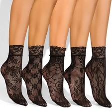 5pairs Vintage Summer Lace Ladies Socks Floral Mesh Elastic Transparent Short An