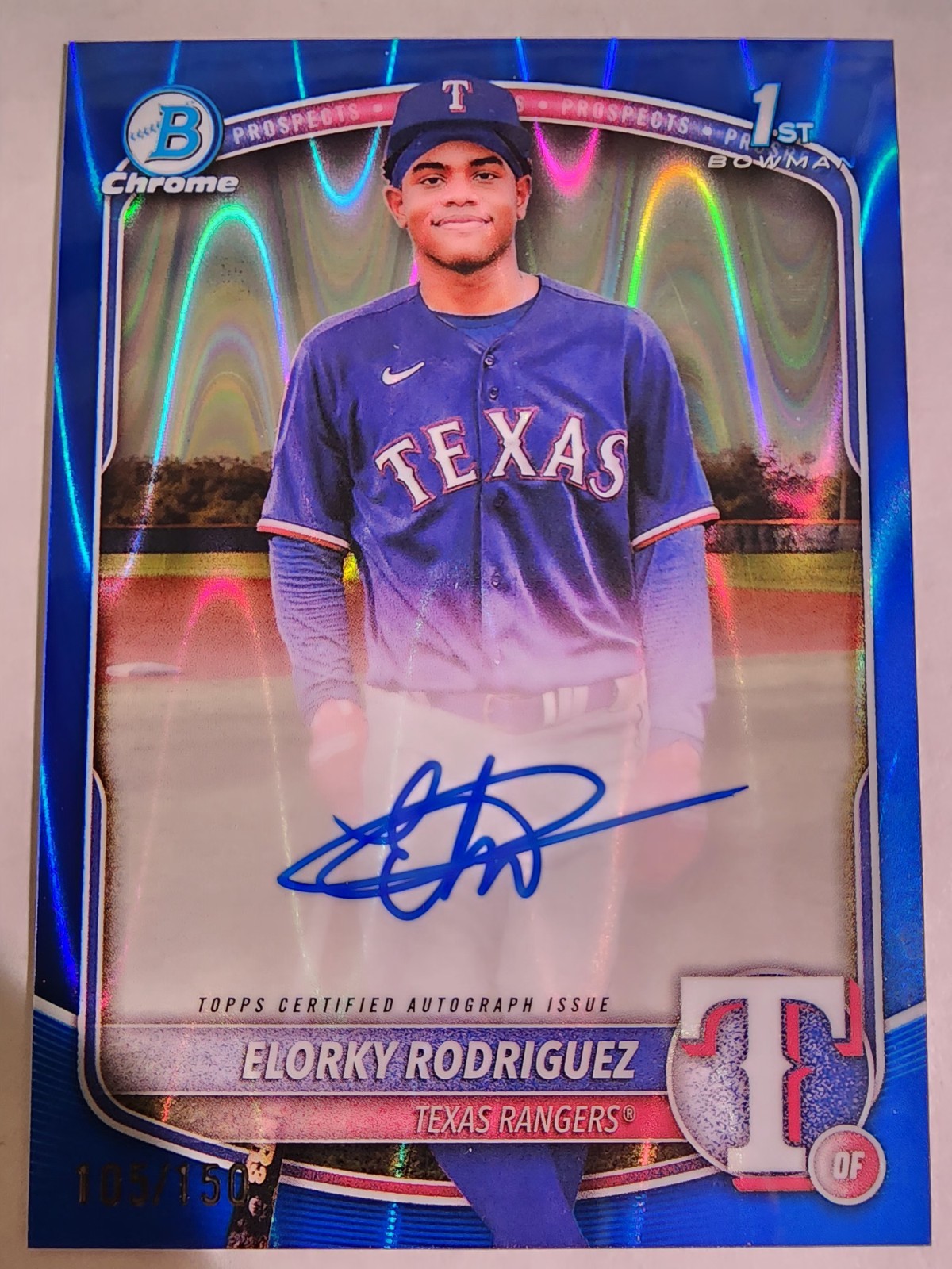 Elorky Rodriguez 2025 Bowman Chrome Prospect Autographs Blue Raywave /150 CPA-ER