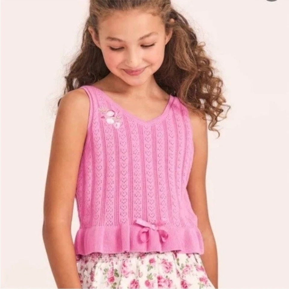 AMERICAN GIRL X LOVESHACKFANCY Girls Garden Party Peplum Tank Top S 7/8 Bow Knit - Image 2 of 4