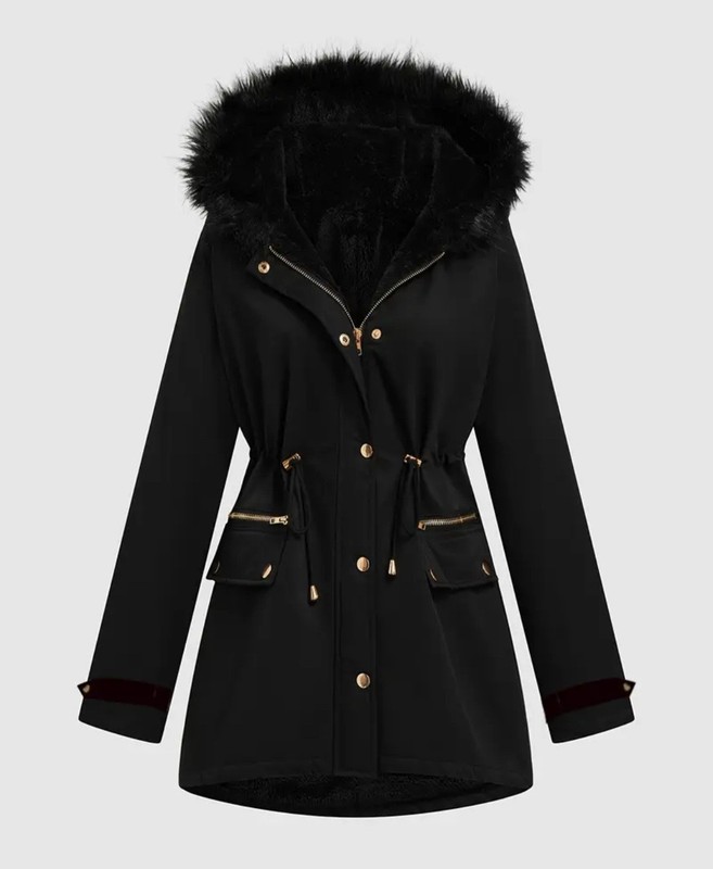 Women 4XL Parka Winter Full Zip Coat NWT Black Fur Hood Plus Warm Mid Length
