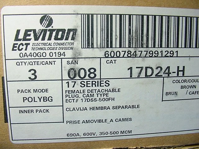 Juego de 3 tapones de leva desmontables hembra Leviton Brown serie 17 tornillos 690A 600V 17D24-H Foto 4 de 4