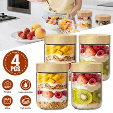 Breakfast Jars Overnight Oats 500ml With Lid Yogurt Pot 4 Pack High Quality UK