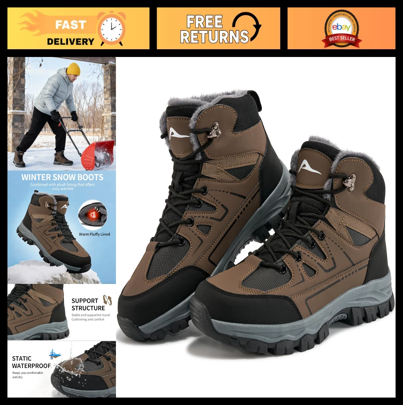 Men's Winter Snow Boots, Warm Fur Lined, Waterproof, Anti-Slip, Outdoor Camping
Opens in a new windo