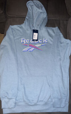 Reebok Women s Retro Logo Pullover Graphic Long Sleeve Hoodie Misty Blue Large